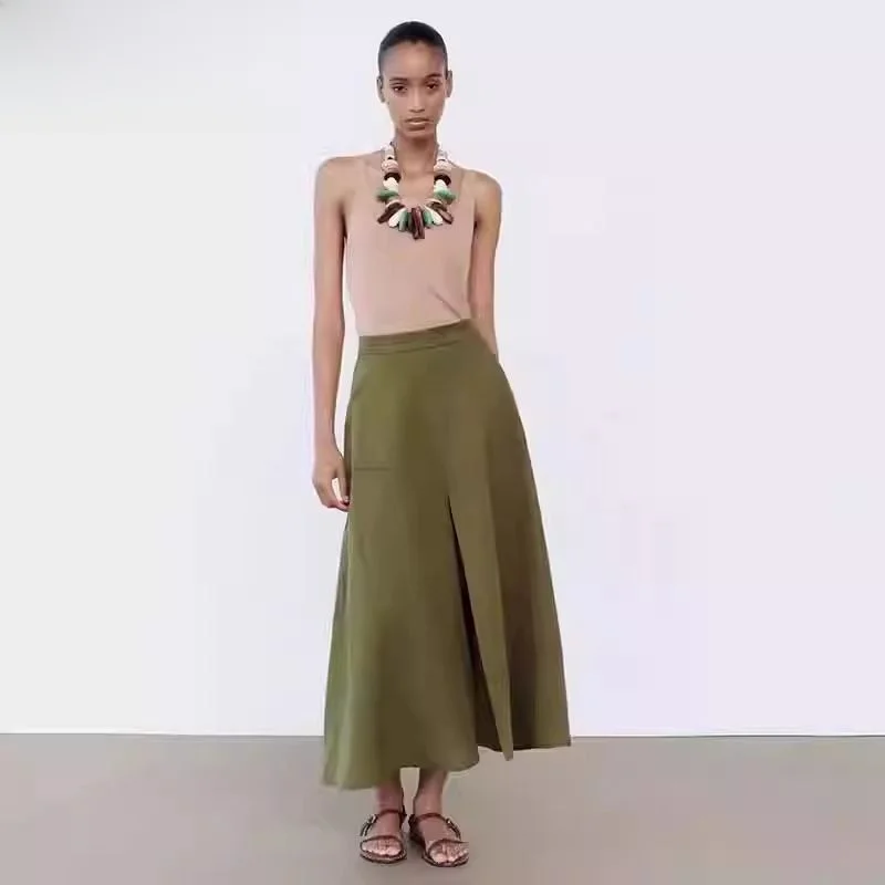 

New 2024 Women's High Waist Slimming Linen Blend Cloak Midi Skirt Faionable Versatile A-Line Skirt Summer Season Color