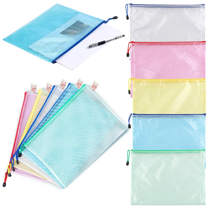 

20PCS/Pack Multi-color Mixed Grid Zipper Bag A4/A5 Size Transparent PVC Waterproof Practical Document Storage Bag Stationery ZYF