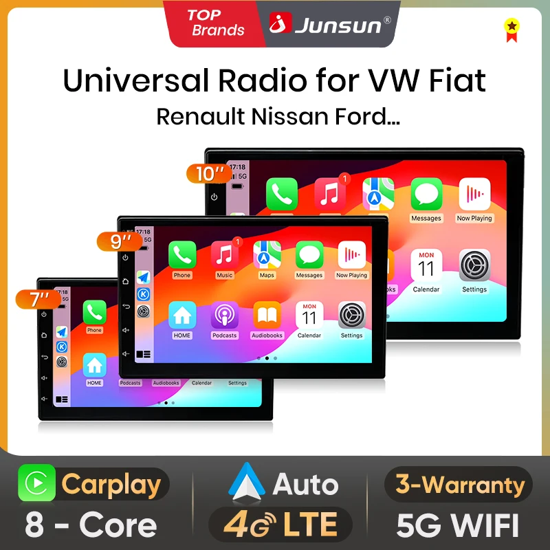 Junsun-Autoradio universel sans fil, CarPlay, Android Auto, 4G, WiFi, limitation GPS, Bluetooth, DSP, IPS, écran tactile, stéréo, 7 ", 9", 10"