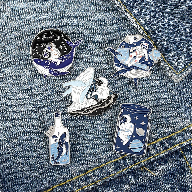 Spaceman Astronaut Rocket Whale Brooch Student Cartoon Aerospace Series Brooch Metal Badge Accessories Enamel Rocket Lapel Pin