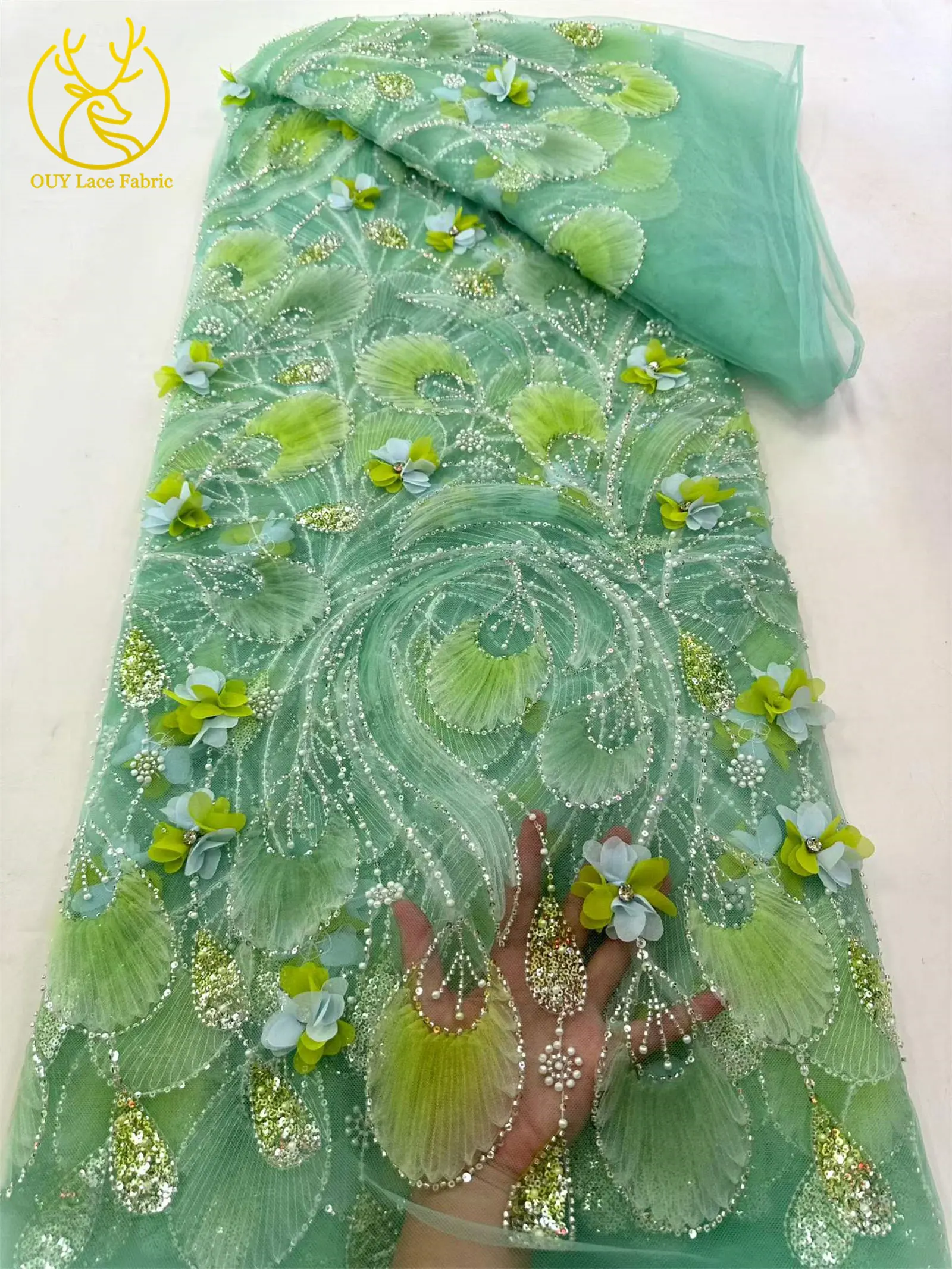 Eleganter 3D-Blumen-Afrikanischer Perlen-Spitzenstoff 2026 Französischer Nigerianischer Pailletten-Tüll-Spitzenstoff für Party- und Hochzeitskleider 5 Yards – Detail 10