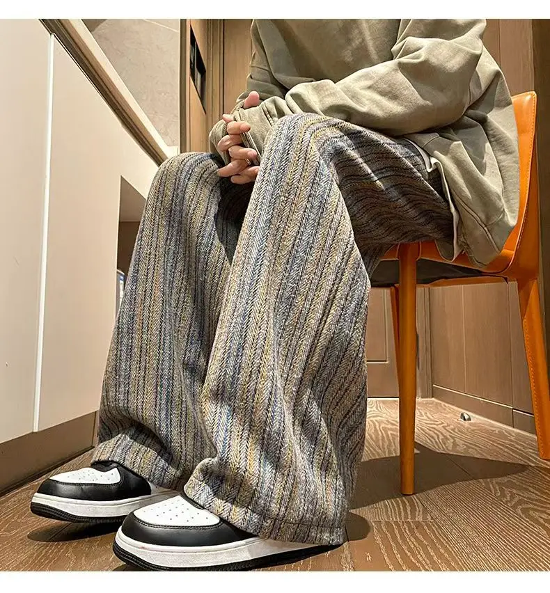 

Американские винтажные сетчатые повседневные брюки в полоску для мужчин, свободные прямые брюки с широкими штанинами, осенне-зимние плотные шерстяные брюки