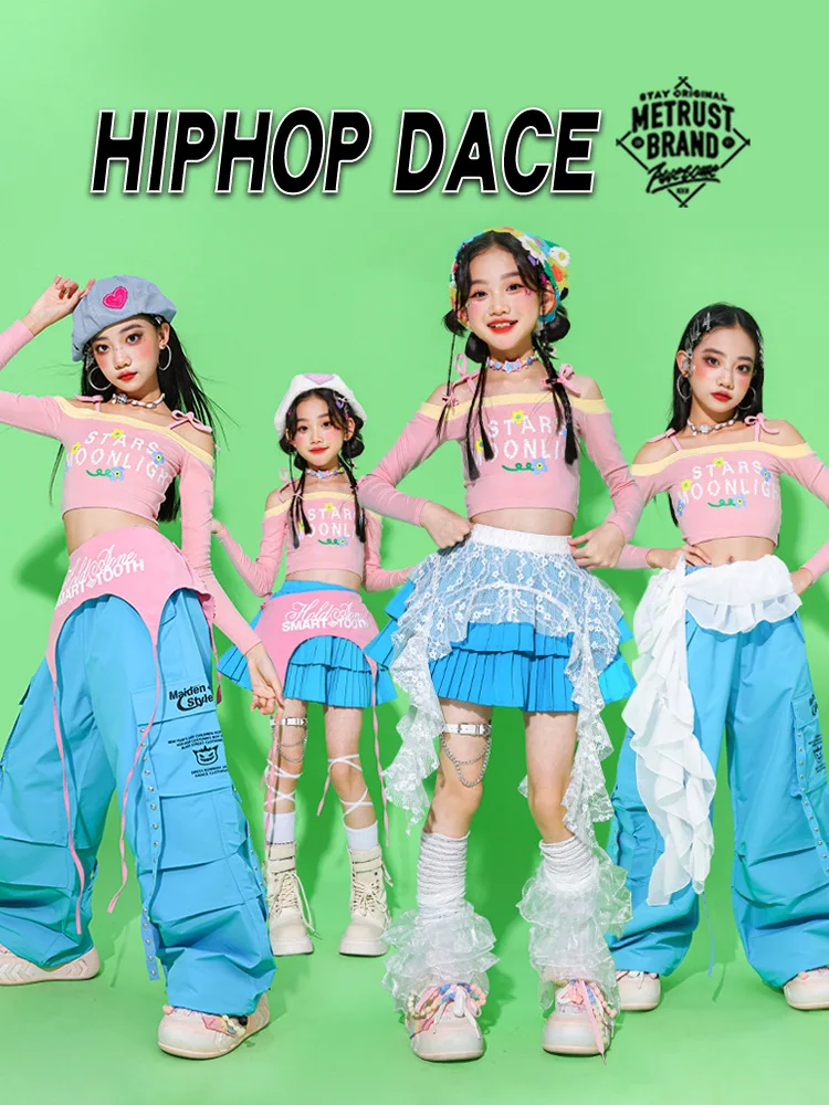 Girls Hip Hop Sweet Colorful Off Shoulder Crop Top Dance Skirts Joggers Pants Child Streetwear Kids K-pop Girl Group Clothes Set