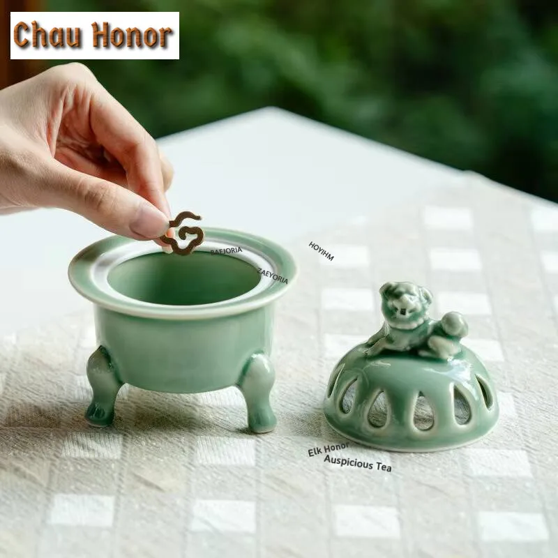 Yue Kiln Celadon Lion Incense Holder Zen Garden Incense Burners Consecrate Smell Distributor Censer Tea Items Decoration Craft