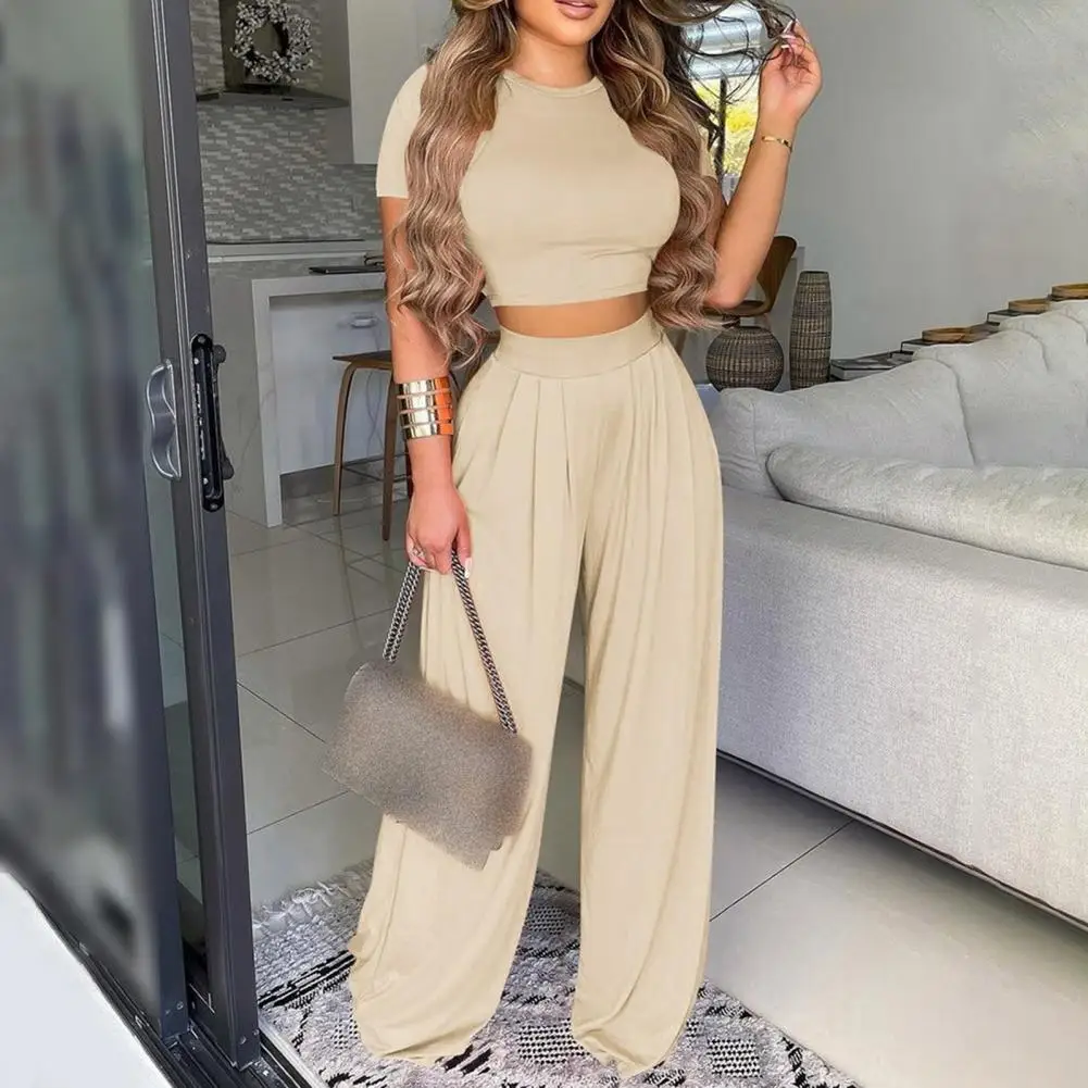 2026 Navel Exposed Slim Top Pants Two Piece Set O Neck Navel Exposed Women Suit Elegant Wide Legs Slim Short Top Summer Suit
