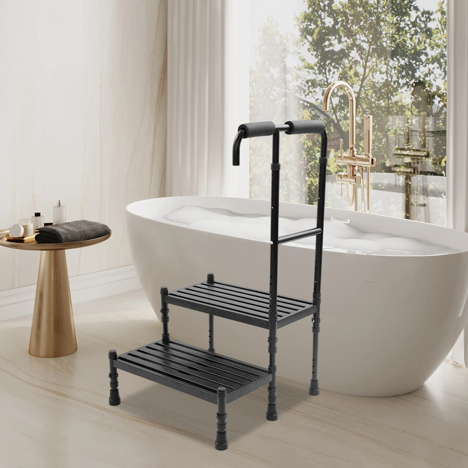 Taburete de pie de 2 pasos, 53,5x57x91-108cm, taburete de Metal con rampa para adultos con mango cómodo, color negro