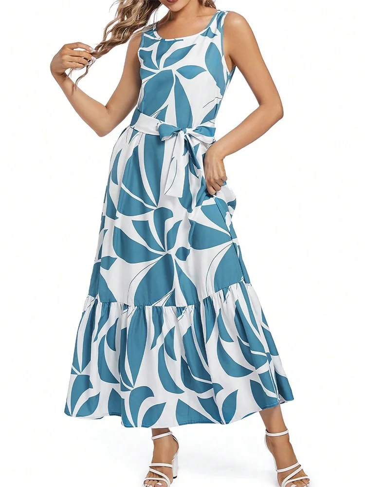 Fashion Women Tropical Leaf Printed Sleeveless Long Dress Round Neck Belted Waist Flowy Tiered Swing Maxi Dress For Holiday 2026