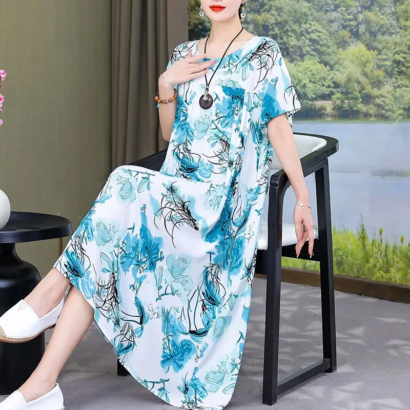 Female Clothing Casual O-Neck Midi Dress Loose Straight Summer Short Sleeve Vintage Broken Flowers Fashion Folds Commute Dresses