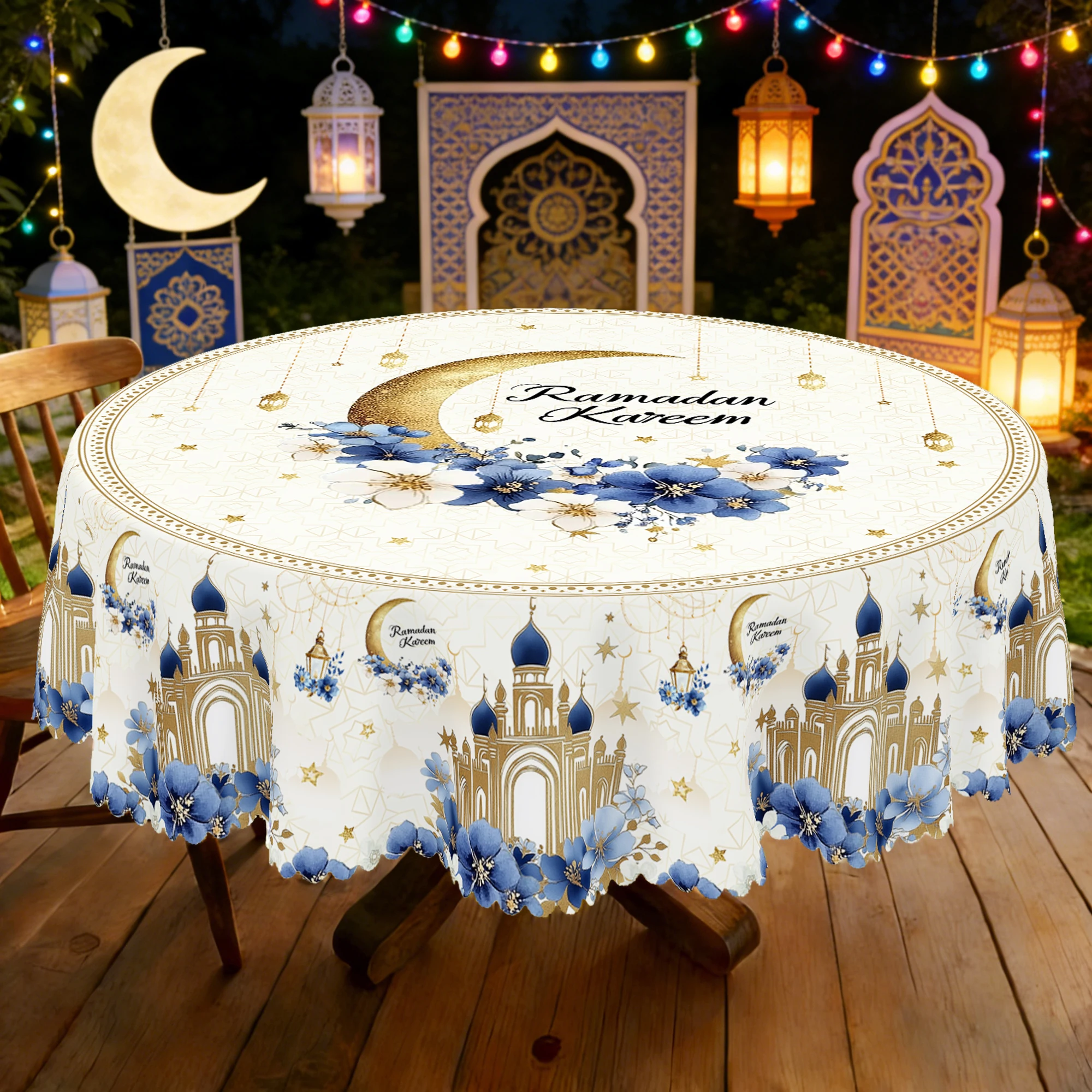 1 Piece of White Tablecloth for Ramadan and Eid, with a Golden Ramadan Moon Lamp Design, Moroccan Ramadan Style, Perfect for Holidays and Mubarak Ramadan Decorations, Ramadan Gifts, Ideal for Indoor/Outdoor Ramadan Gatherings and Home Decoration, Round and Rectangular Tablecloths, Available in Various Sizes