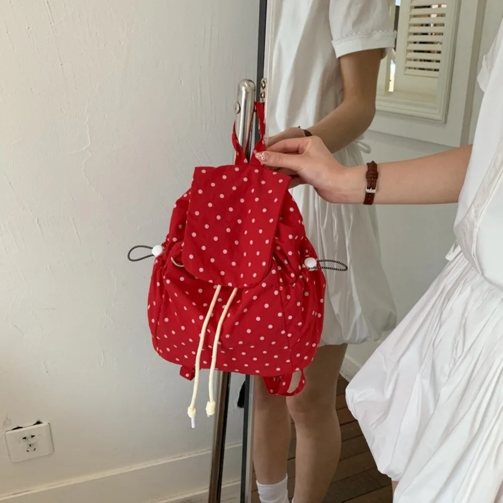 Girl Multiple Pockets Polka Dot Backpack Drawstring Lace-up Korean Large Capacity Backpack Preppy Cloth Versatile Daypack Casual