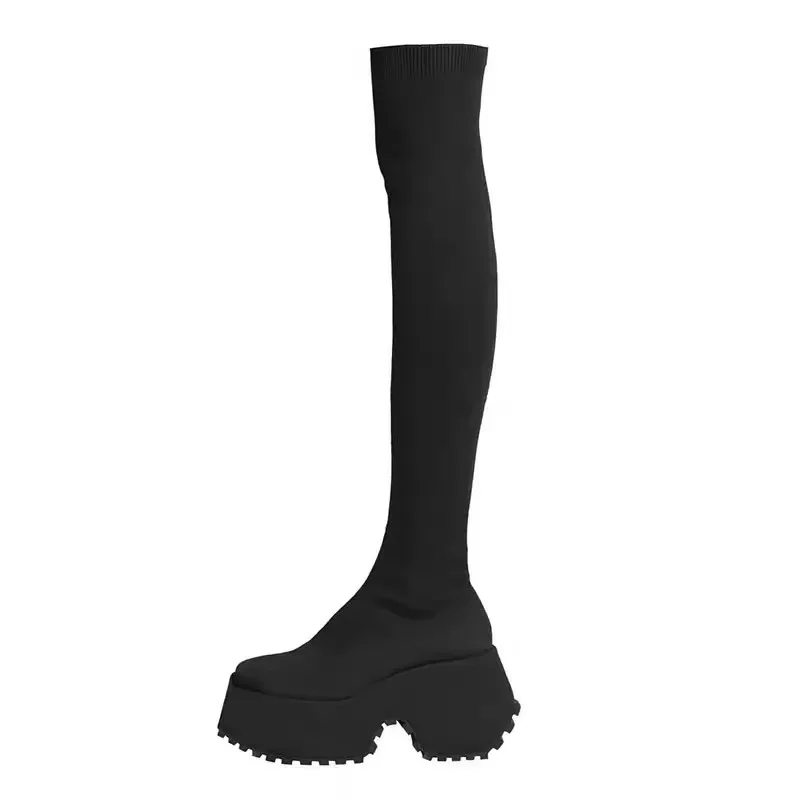 Women\'s Over The Knee Sock Boots 2023 Winter New Fashion Stretch Thick Heels Knitted Long Boots Women Slip on Platform Shoes