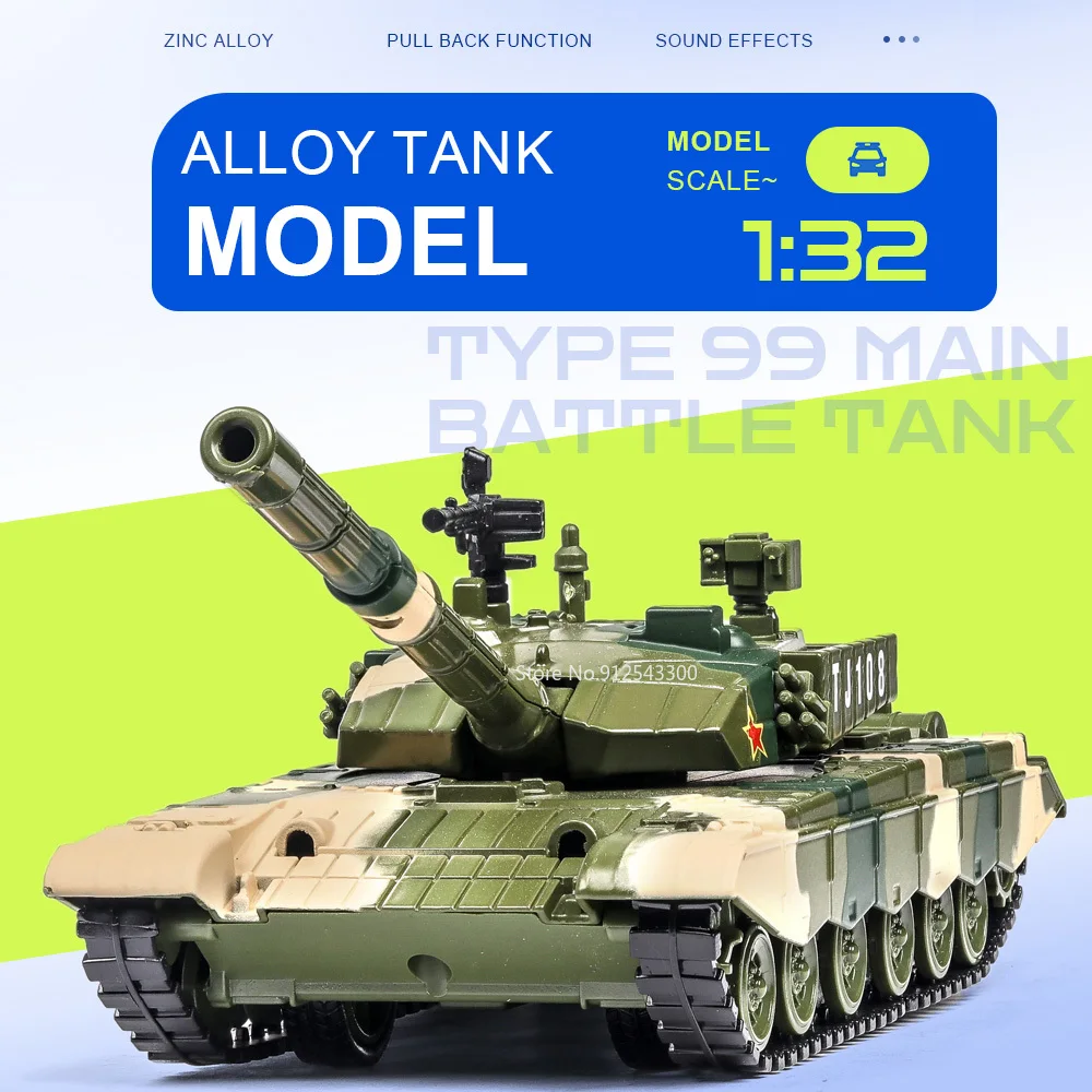 

1:32 Scale Type 99 Main Battle Tank Car Model Toy Sound Light Pull Back Models Machine Gun Rotated Vehicle Home Decarations