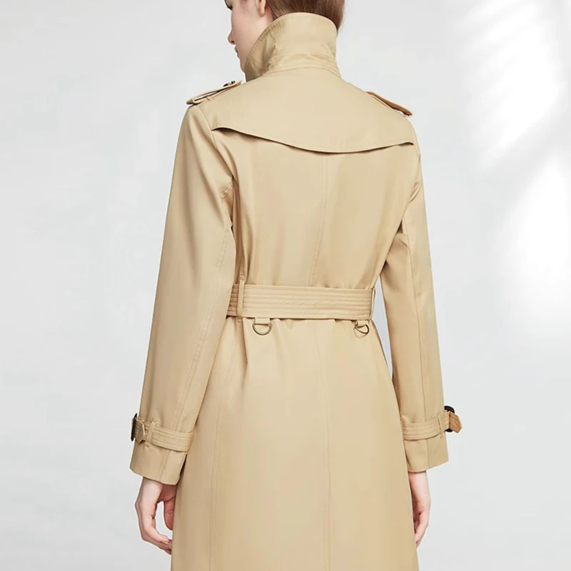 Gabardina Beige de media a larga de alta calidad para mujer, moda británica de doble botonadura