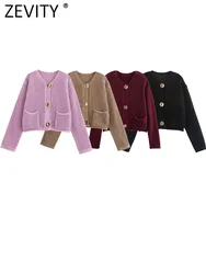 Zevity New Women O Neck Coarse Needle Long Sleeved Knitted Sweater Jacket Female Chic Pockets Design Crop Coats Chic Tops CT6280