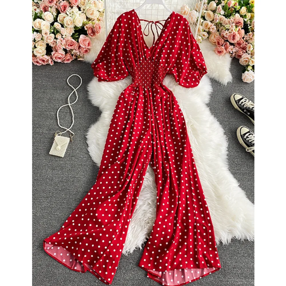 

Autumn Sexy Polka Dot Romper Women Elegant V-Neck Puff Short Sleeve High Waist Jumpsuit Female Loose Wide Leg Playsuits Fashion