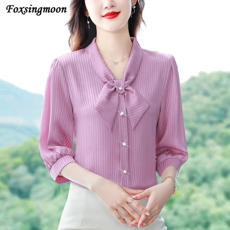 

Women Blouse Bow Tie V Neck Chiffon Shirts Clothes Spring Summer Lady Solid Color Three Quarter Sleeves Pullovers Elegant Blouse