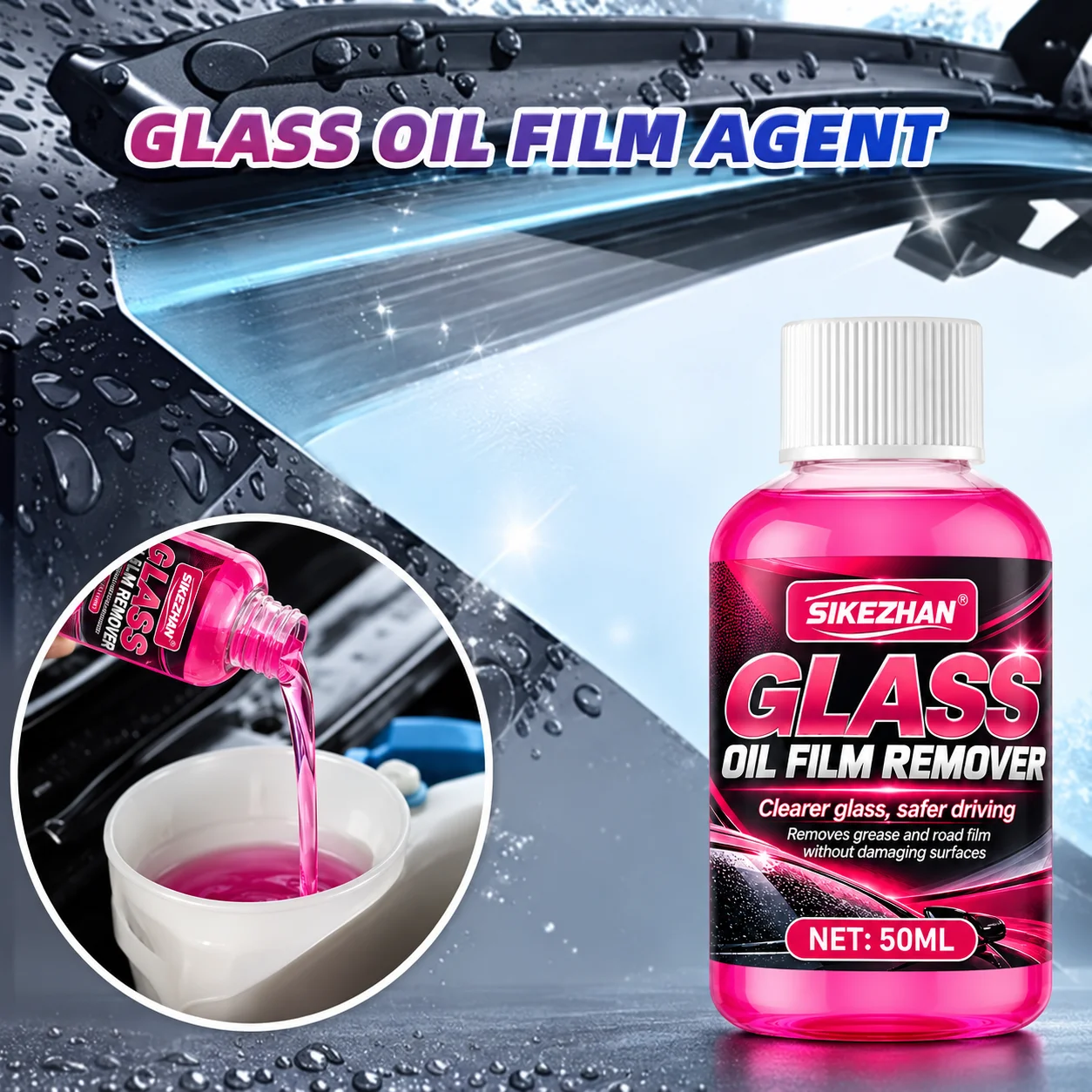 SIKEZHAN Glass Oil Film Remover 50ml, High-Efficiency Car Windshield Window Degreaser, Restores Clear Vision, Prevents Glare