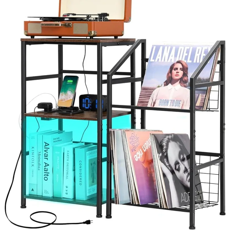 Shelf Turntable Stand and Steel Vinyl Record Stand End Tables with Charging Station and LED Light Strip for Living Room Bedroom