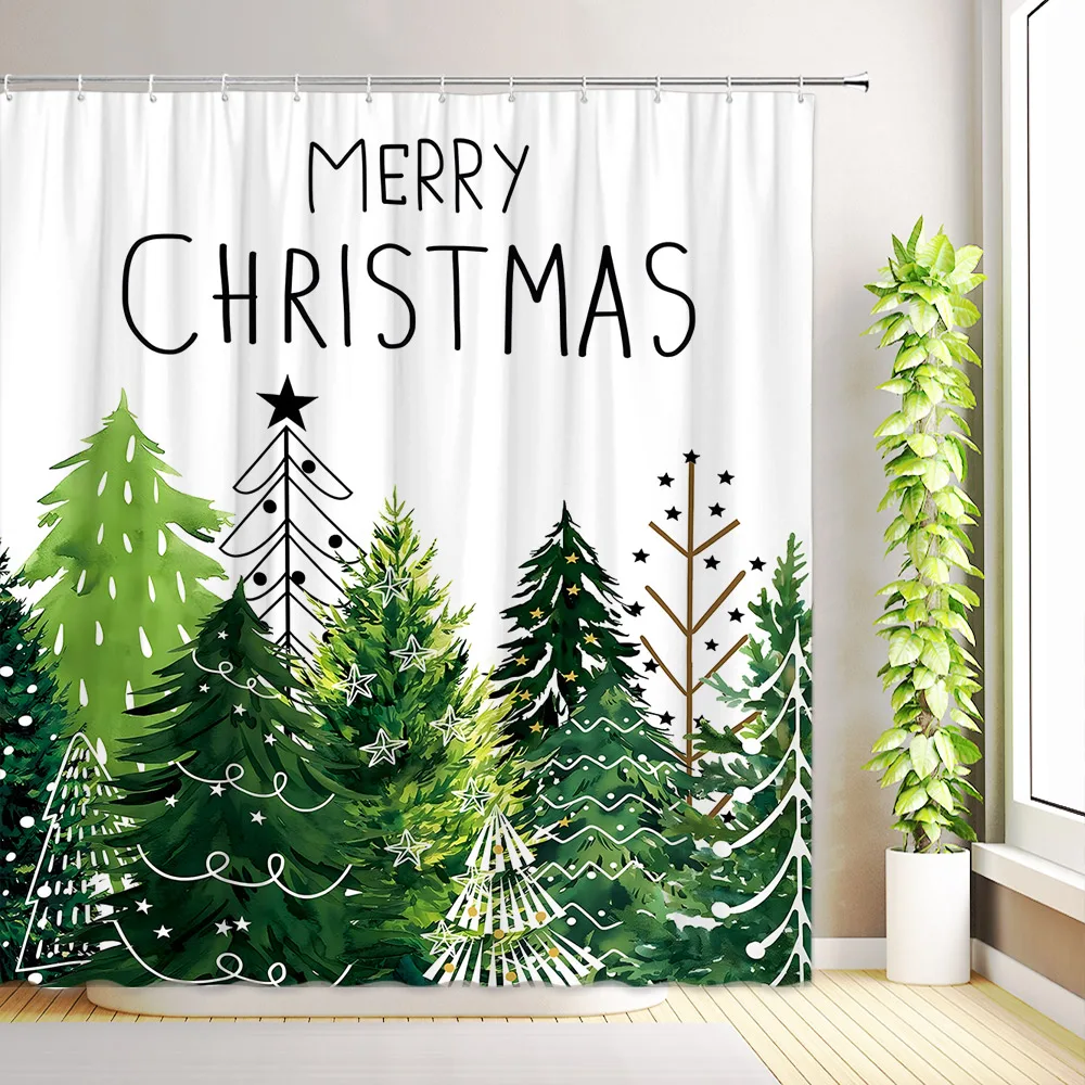 Christmas Shower Curtain Buffalo Plaid Xmas Tree Winter Snowflake Reindeer Nature Forest Cedar New Year Bathroom Decor with Hook