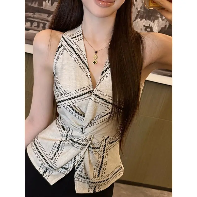 Slack Vest Top exterior sin mangas con cuello en V Kink de gama alta con temperamento de verano para mujer