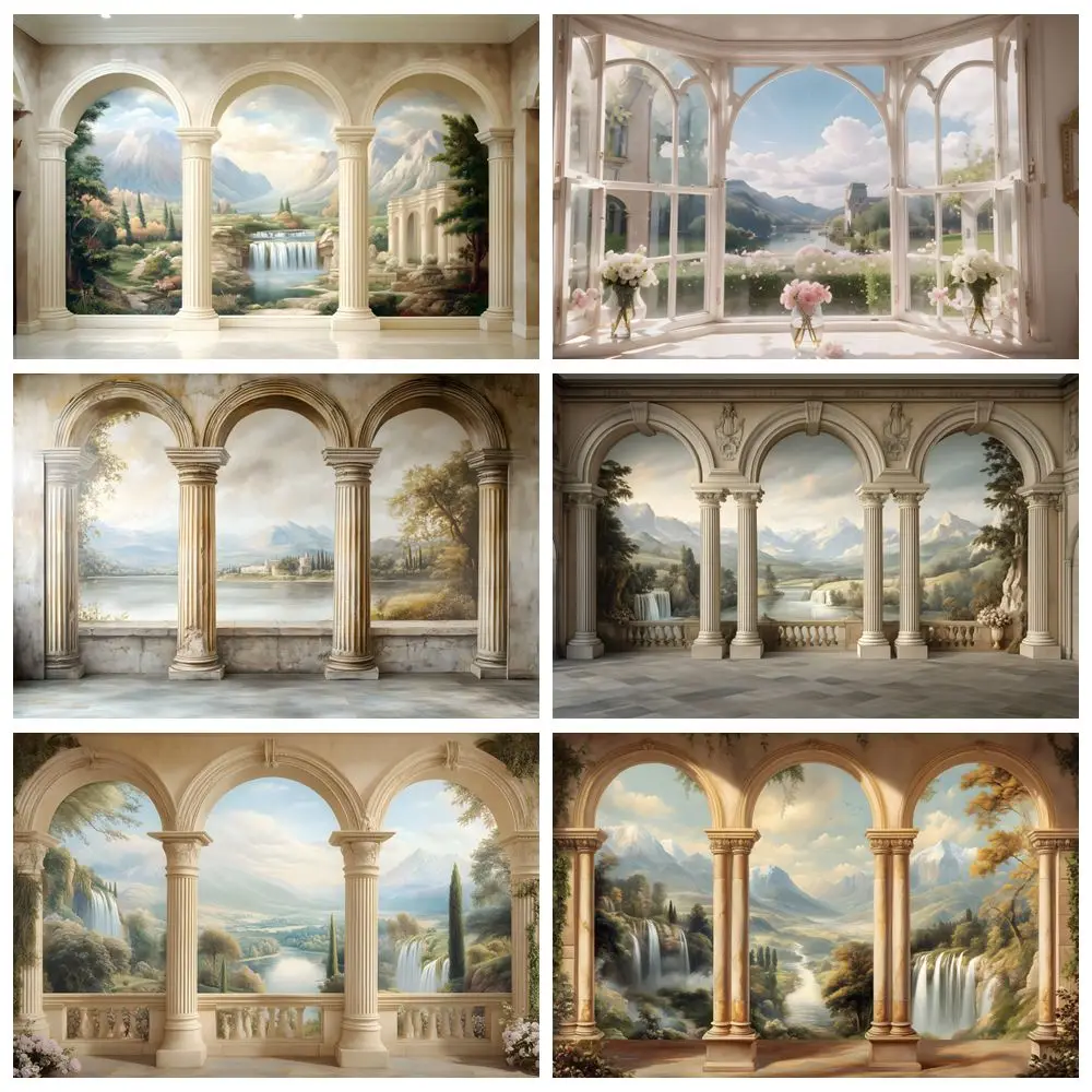 

Vintage Palace Pillar Nature Landscape Backdrop Wedding Bridal Portrait Holiday Party Photography Background Decor Photo Studio