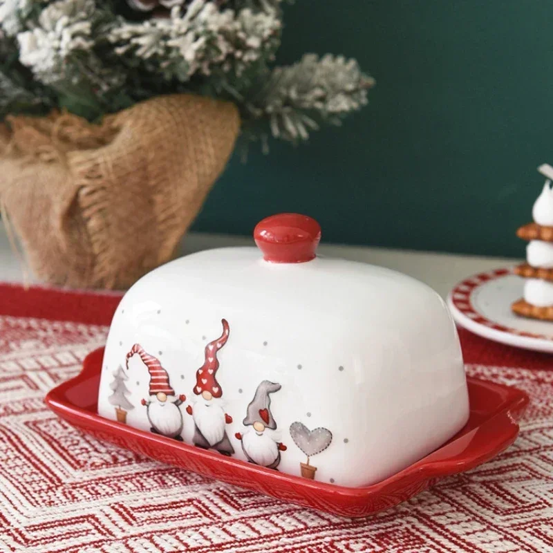 Christmas Elk Santa Claus Pattern Butter Dish with Lid Nordic Style Sweets Cakes Desserts Cheese Plate Butter Container Dishes