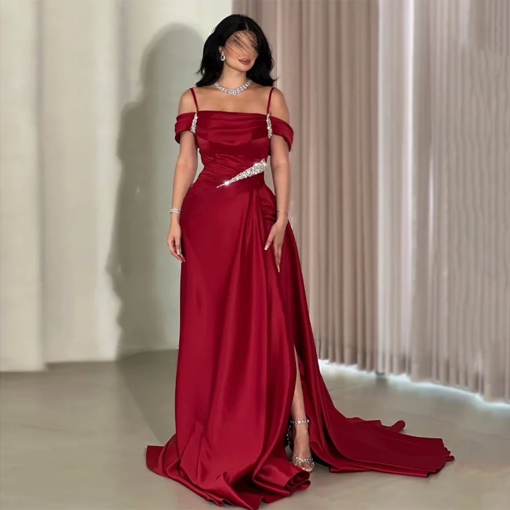 

Вечерние платья с открытыми плечами по индивидуальному заказу, плиссированное, расшитое бисером, с блестками и боковым разрезом, трапециевидное платье для выпускного вечера, длинное вечернее платье со шлейфом