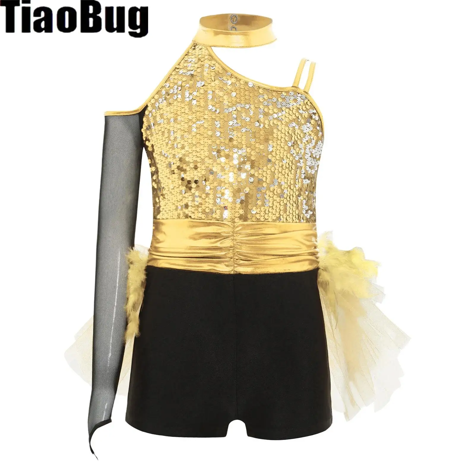 

Kids Girls Jazz Dance Leotard Sparkly Sequins Bodice Feather Skirted Leotard Ruched Waist Asymmetrical Color Block Jumpsuit