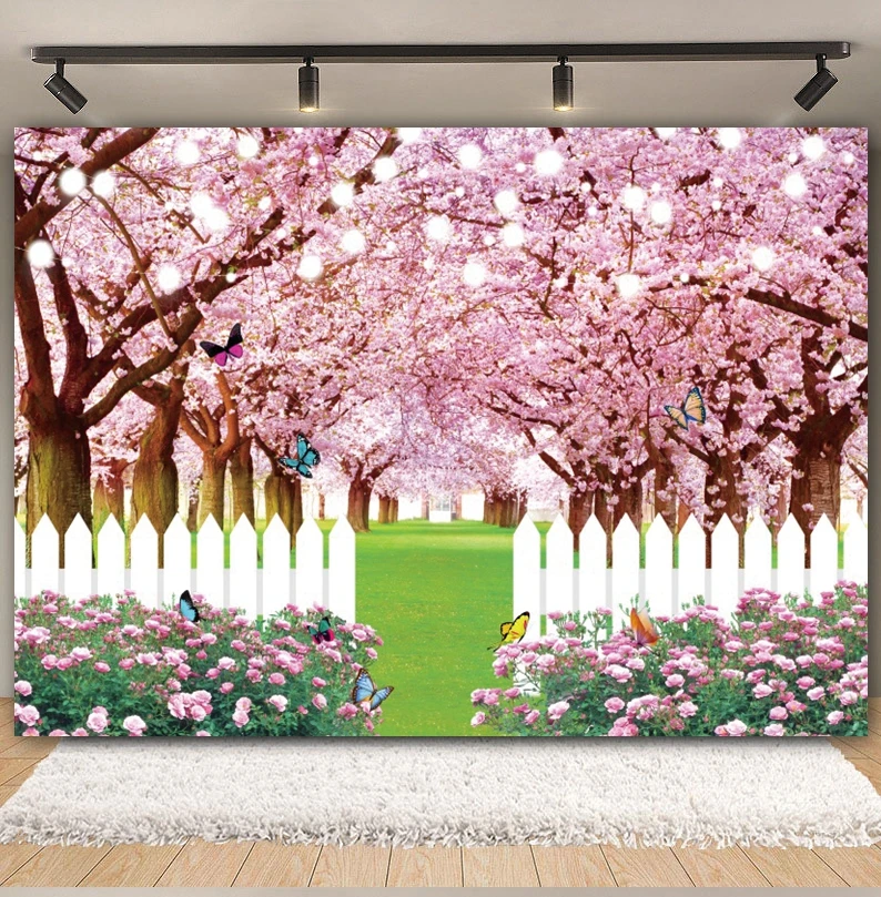 Spring Easter Natural Scene Background Garden Flower Green Grass Floral Fence Kids Easter Decor Photography Backdrop