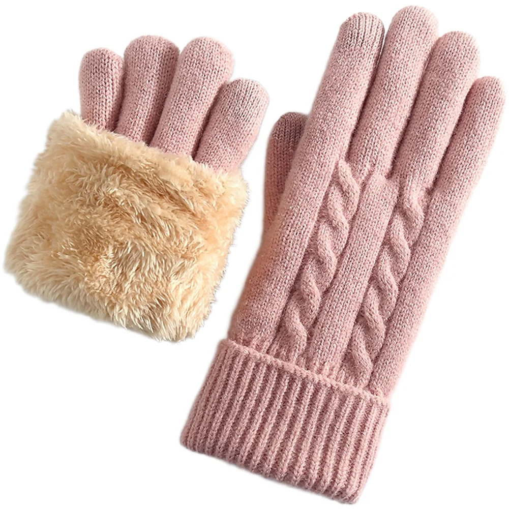 Knitted Gloves for Women Winter Fleece Lined Warm Thick Wind Resistant Compatible Outdoor Riding Gloves Black Grey