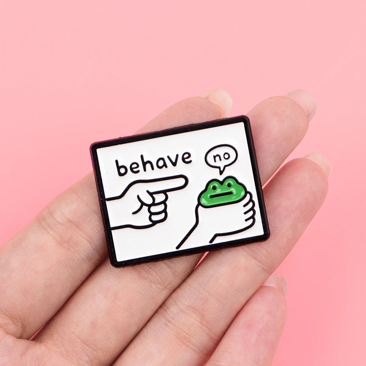 Kawaii grüne Frosch-Emaille-Pins, humorvolle „Behave No“-Broschen, Abzeichen für Rucksäcke, Sammlung, Geschenke, Schmuck, Cosplay-Zubehör – Detail 7