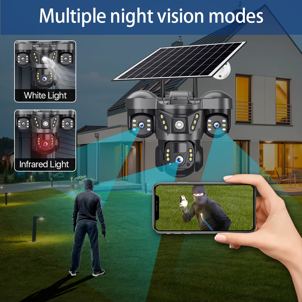 3 Lens 4G Solar Camera HD 15MP 8K Outdoor PTZ Waterproof Night