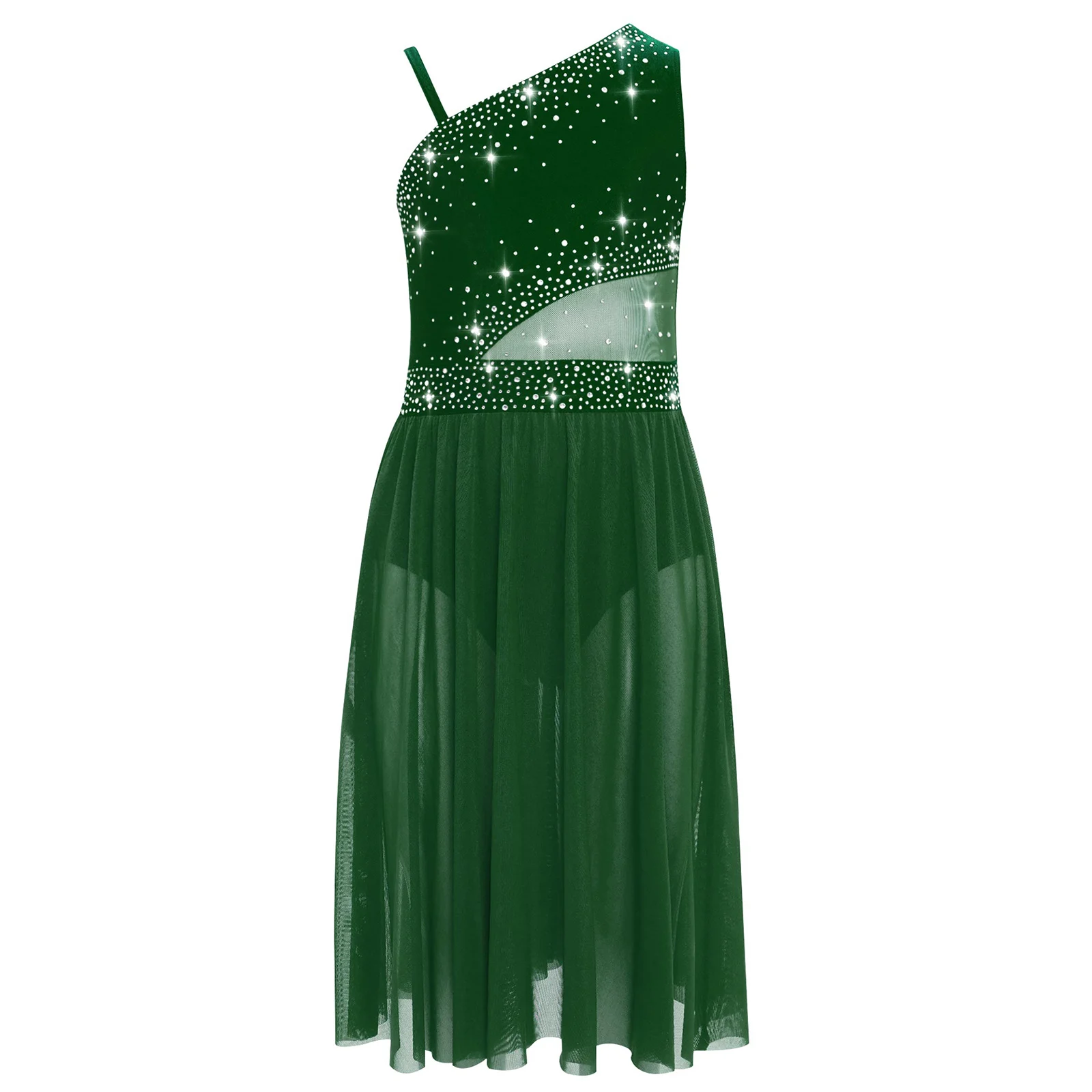

Kids Girls Shiny Rhinestones Ballet Lyrical Dance Dress Figure Skating Costume One Shoulder Sleeveless Sheer Mesh Waist Dress