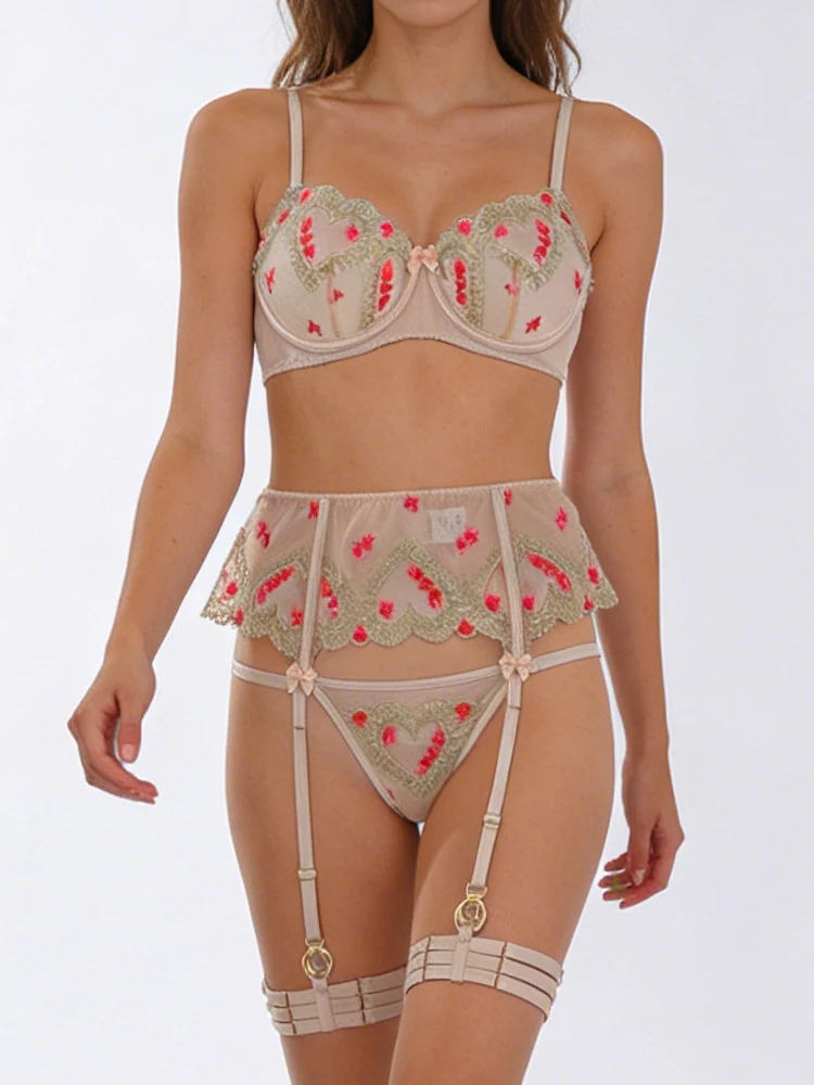 

Женский комплект нижнего белья Belamimi из 4 предметов с цветочным узором, сексуальный сетчатый бюстгальтер с подвязками и трусики, интимное нижнее белье с вышивкой в стиле пэчворк, эротические комплекты