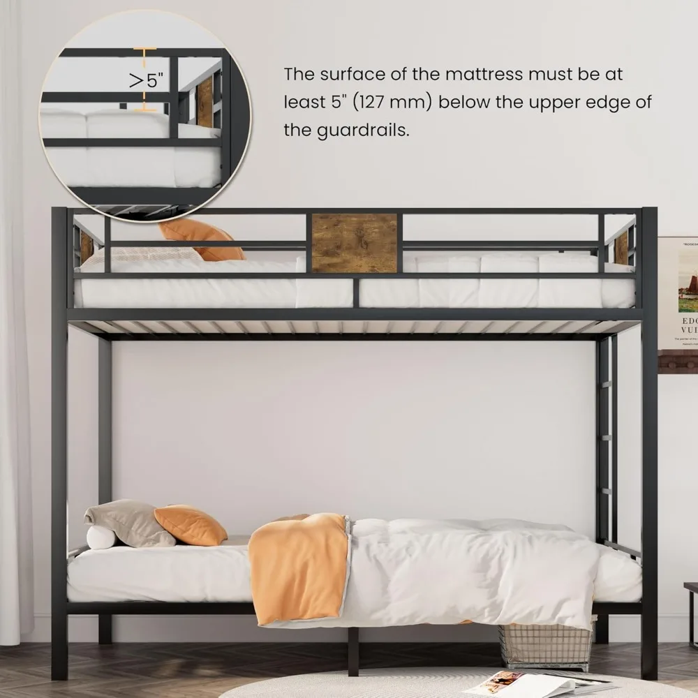 Bunk Bed Twin Over Twin Size with Ladder and Full-Length Guardrail, Metal, Storage Space,Noise Free, Children Bunk Bed