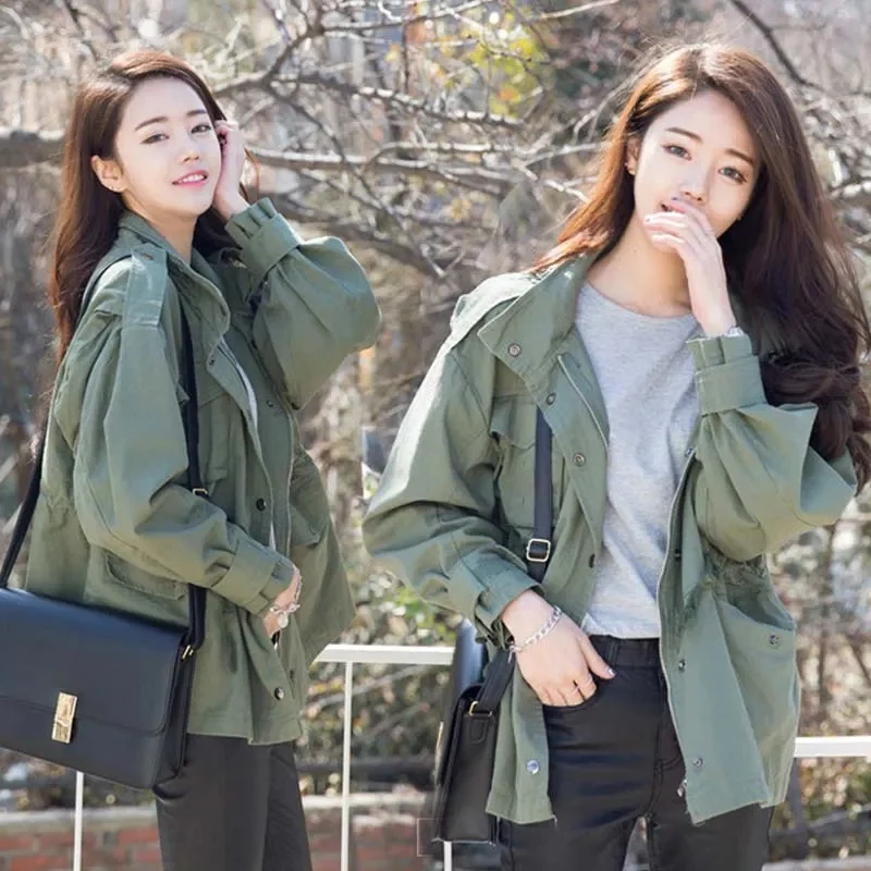 

Work Jacket Female Spring Autumn 2022 New Korean Version All-Match Bf Windbreaker Short Drawstring Waist Ins Casual Women Coat Q