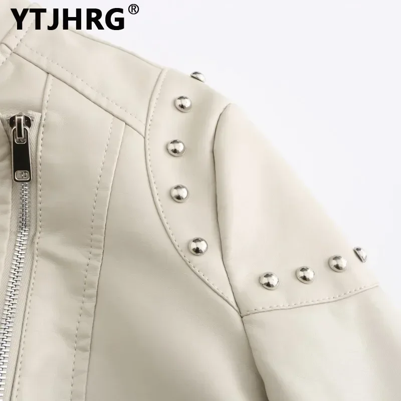 YTJHRG-chaquetas de motorista para mujer, Tops con remaches, cuello levantado, piel sintética, dobladillo Irregular, abrigo de PU con bolsillo,