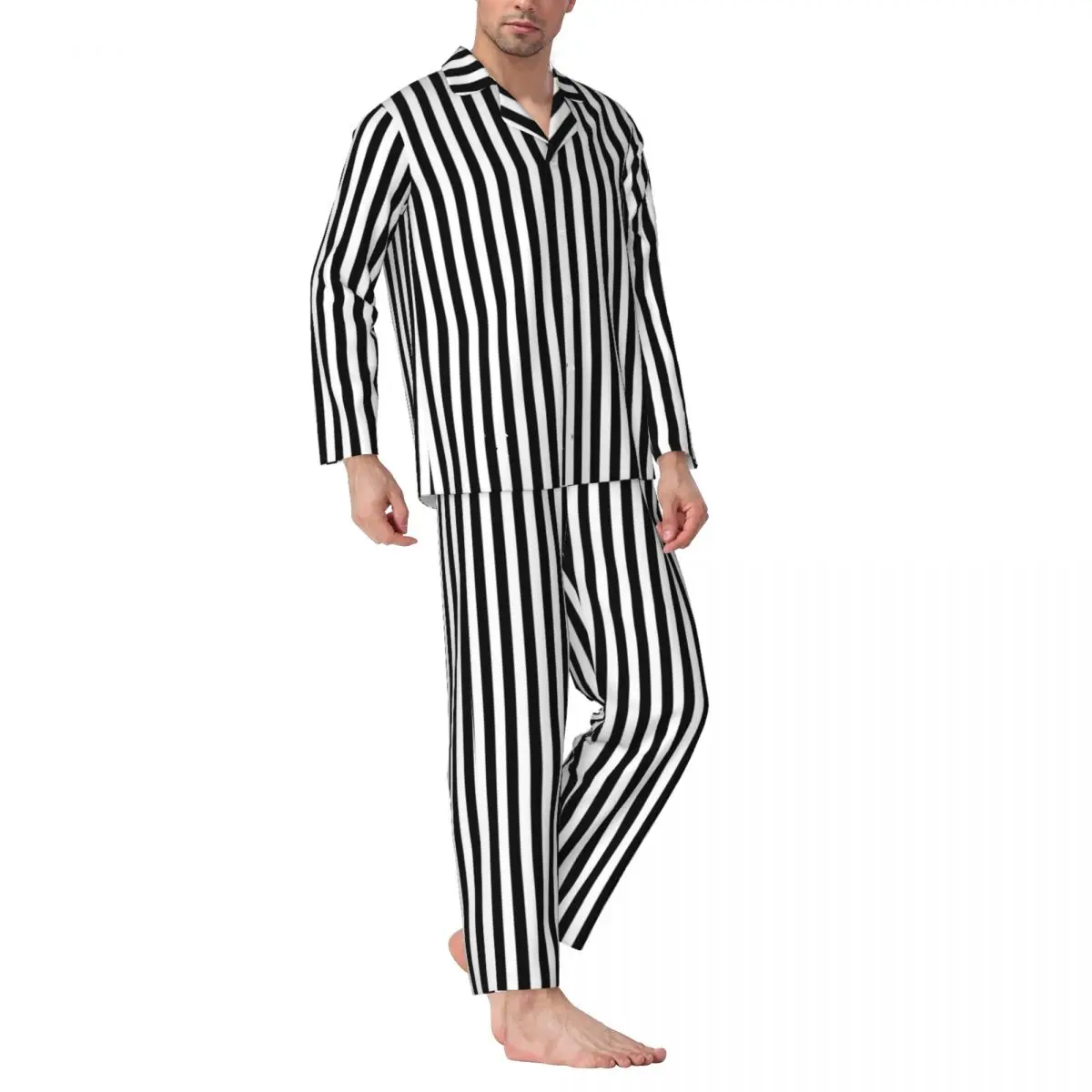 Black White Striped Sleepwear Spring Vertical Lines Print Casual Oversized Pajamas Set Man Long Sleeve Fashion Home Home Suit