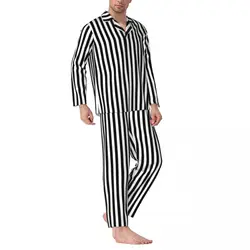 Black White Striped Sleepwear Spring Vertical Lines Print Casual Oversized Pajamas Set Man Long Sleeve Fashion Home Home Suit