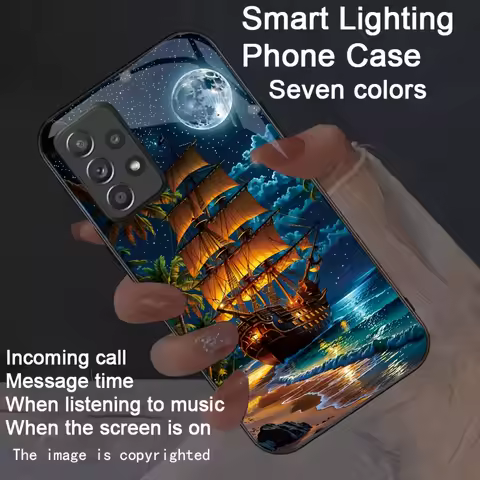 Sail Dream Moon LED Light Glass Phone Case For Samsung S25 S24 S23 S22 S21 Plus S20 FE Note 20 Ultra Glow Tempered Glass Cover