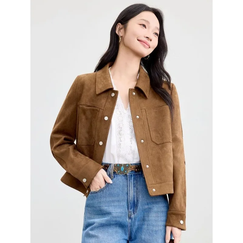 New Autumn Suede Jacket Women Featuring Stylish Versatile Style Casual Loose Slimming Long-sleeved Short Jacket Lapel Commuting