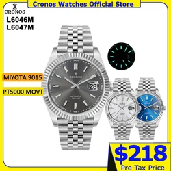 Cronos-reloj de lujo con fecha para hombre, pulsera de acero inoxidable con 5 eslabones, bisel chapado en cobre y níquel, zafiro resistente al agua de 100m L6010M