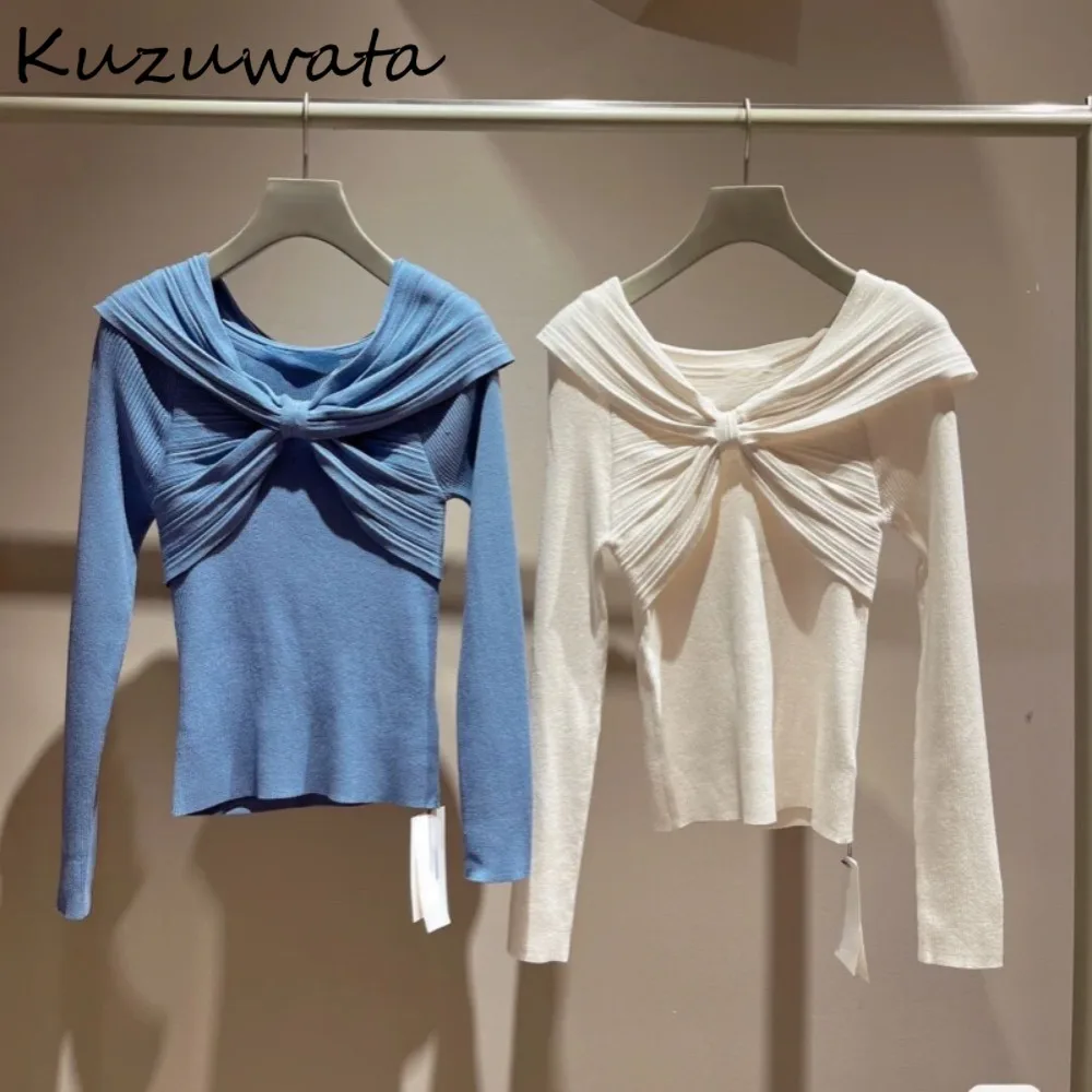 Kuzuwata Casual Slash Neck Long Sleeve Sweet Pullovers Elegant Slim Fit Solid Cross Knitted Japan Knit New Moda Ruched Jumper