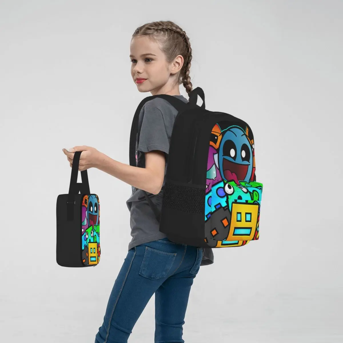 Geometry Dash-mochila de juegos para estudiantes, morral escolar de dibujos animados para niños, bolsa de almuerzo, juego de tres piezas