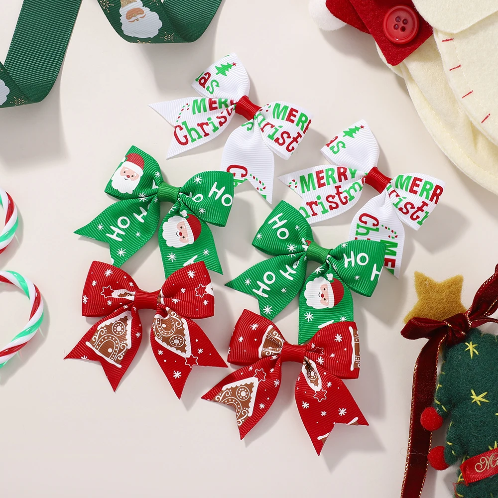 6Pcs Weihnachten Kinder Bögen Haar Clips Set für Baby Mädchen 2,4'' Band Elch Santa Print Bowknots Haarnadeln headwear Haar Zubehör