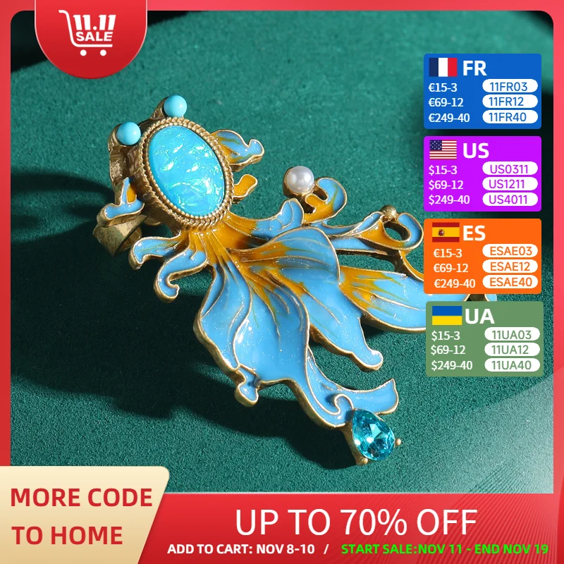 

Vintage Enamel Blue Goldfish Rings Gold Color Luxury Stone Animal Antique Jewelry Accessories Fashion Retro Outfits for Women
