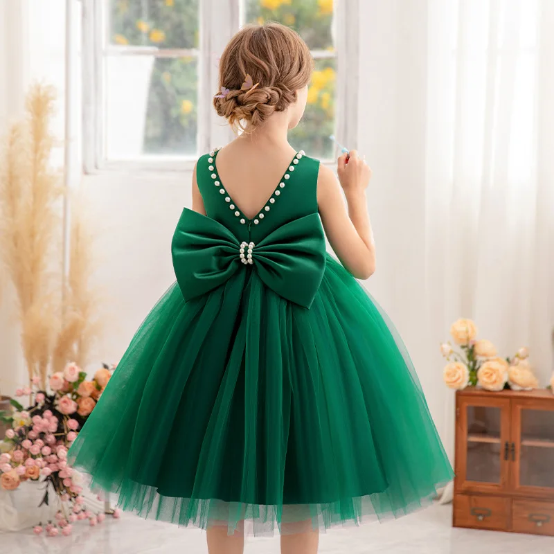 Girl Flower Birthday Tulle Dress Backless Bow Wedding Gown Kids Party Wear Princess Pink Dress Baby Girl Bowknot Dresses 19225