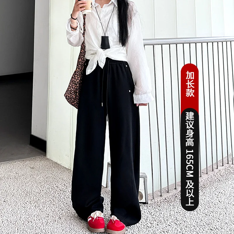 بنطال ذو قصة أرجل واسعة مرونة عالية الخصر للمرأة الربيع المضادة للتجاعيد صالح نمط Preppy الحديثة تخفيف الطيات قابل للتعديل الربط بسيط #2