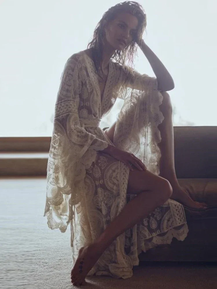 New Lace Bikini Cover-Ups Women Beach Cover Up Flare Sleeve See Through Lace Up V-Neck Dress Summer Fashion Holiday Beachwear