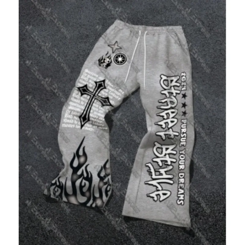 2025 الصيف شارع العليا موضة سراويل تقليدية فضفاضة الرجال Y2k أنيمي رسالة مطبوعة عالية الخصر المتضخم بنطال ذو قصة أرجل واسعة النساء #2